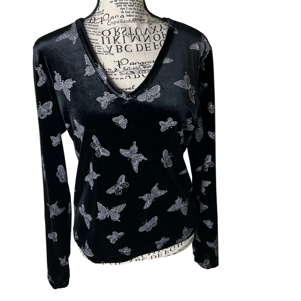 Vtg ENT Top Large Black Butterfly Velvet
